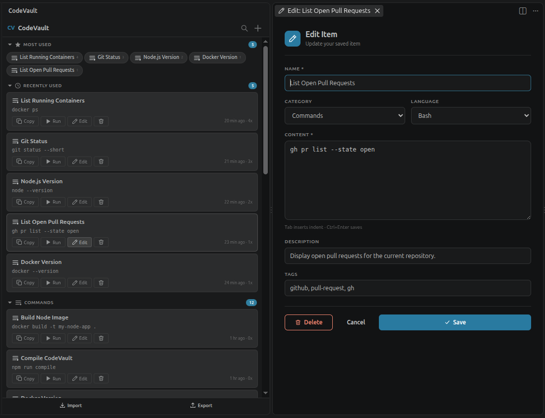 CodeVault sidebar beside the item editor, saving a git command
